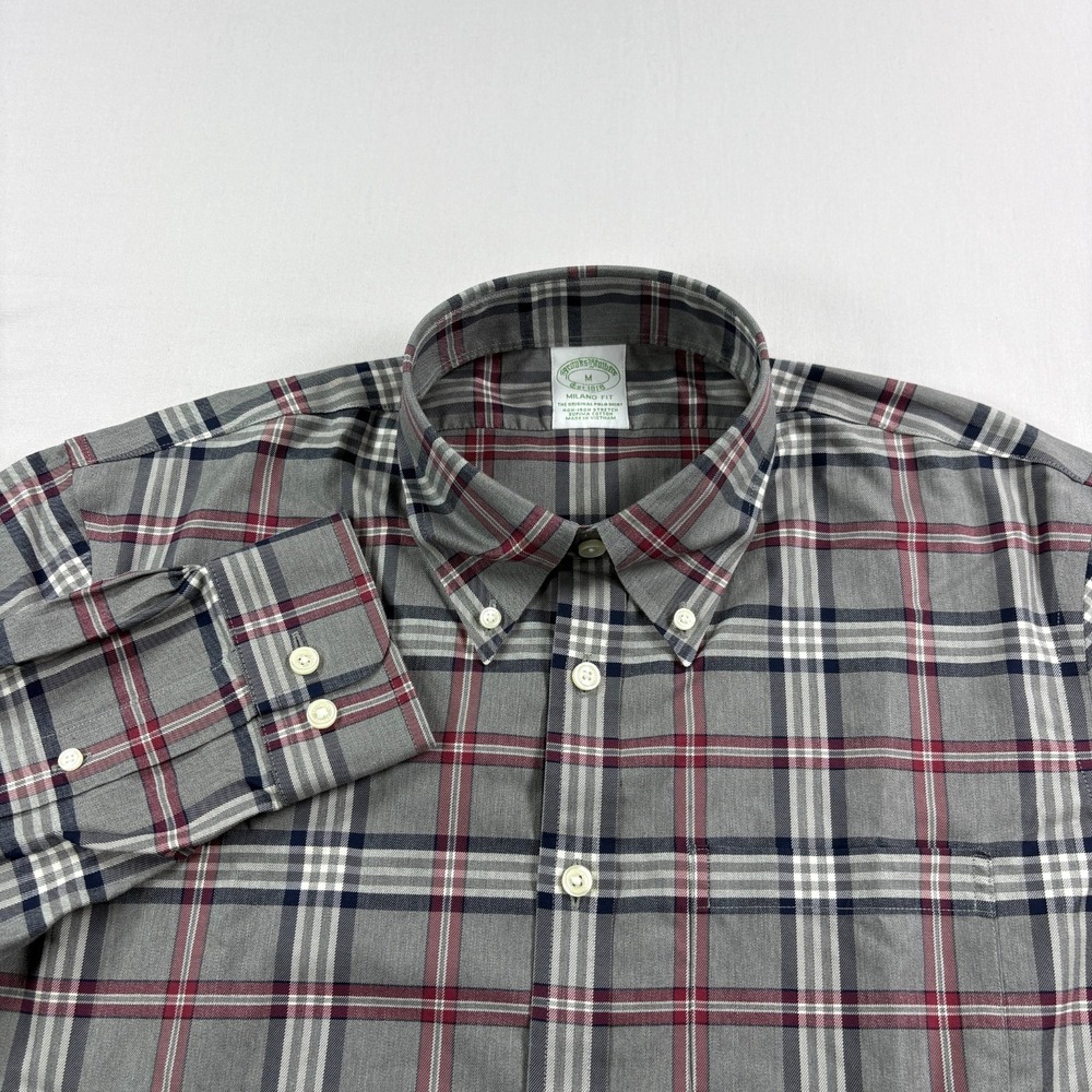 Brooks Brothers Shirt Mens M Gray Plaid Milano Fit Button Up Formal Casual NEW